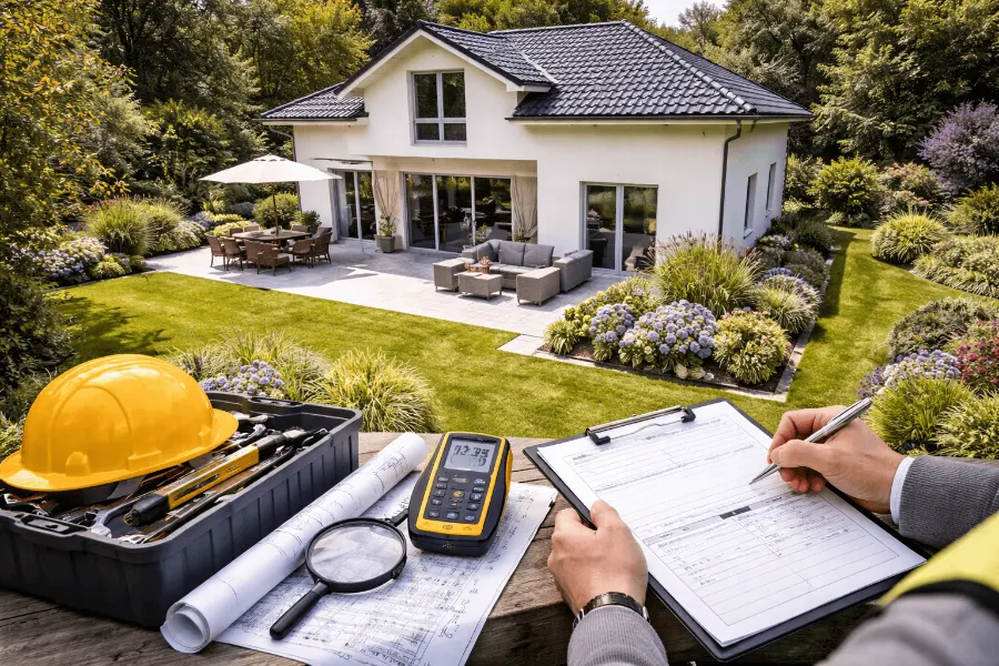 Haus mit Garten, Bauhelm und Bauunterlagen – Immobilienkauf und -verkauf