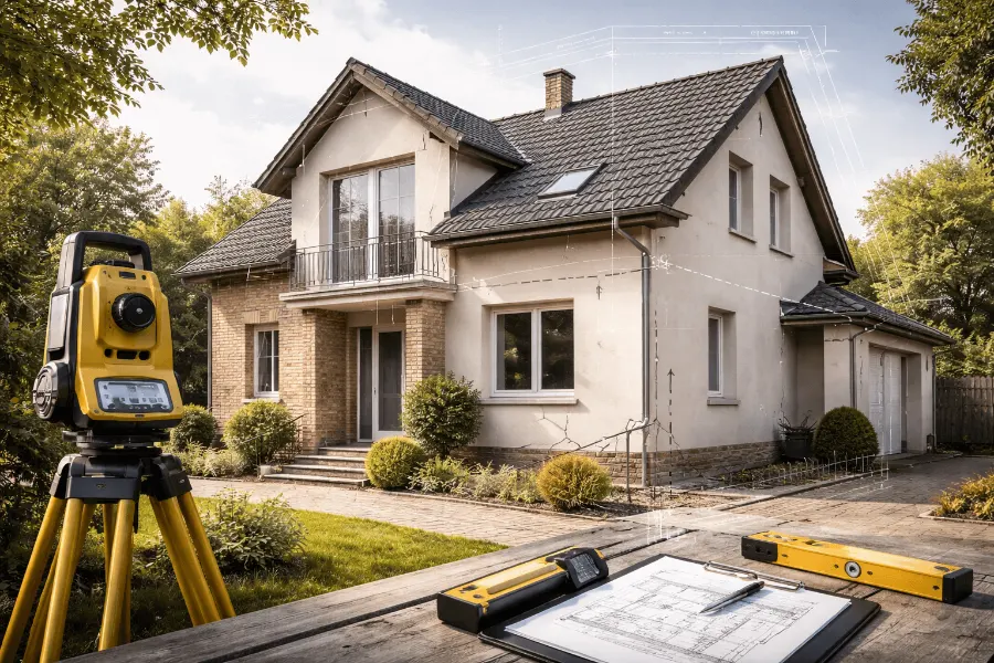 Einfamilienhaus mit Vermessungsgerät im Vordergrund – Immobilienbewertung